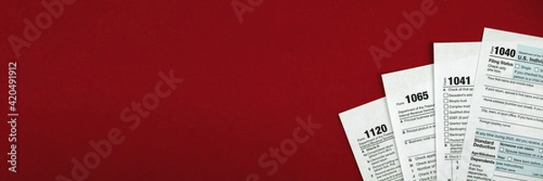 Obraz Tax forms banner background with copy space, office desktop