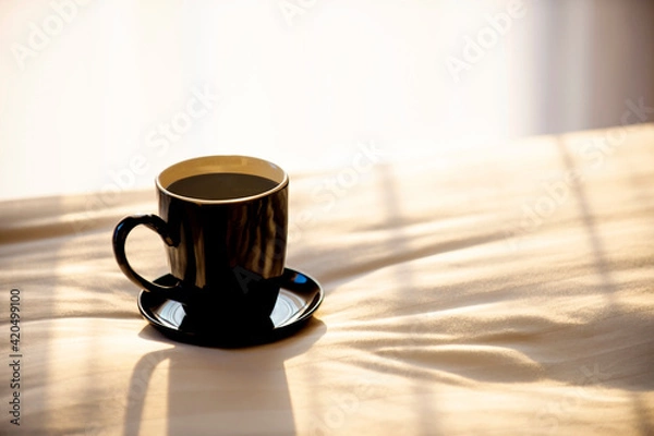 Fototapeta morning a cup of coffee on bed. The light of the rising sun came through the window.