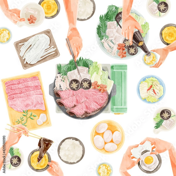 Obraz すき焼きパーティー食事風景水彩風イラスト
