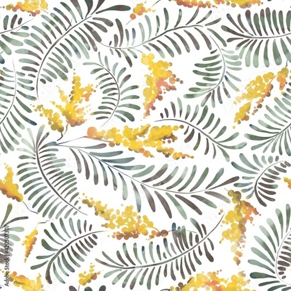 Fototapeta Seamless pattern with mimosa flowers. Botanical design for fabric, textile, wallpaper and packaging 