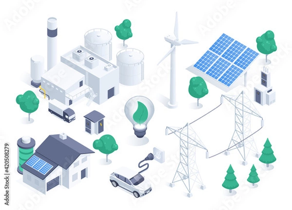 Fototapeta isometric vector illustration isolated on white background, wind generator and solar battery, green energy, electric car and solar powered house