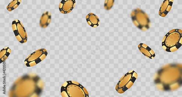 Fototapeta Falling golden with black poker chips, tokens on transparent background. Vector illustration for casino, game design, advertising.