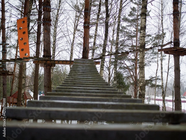 Obraz rope town. a wooden staircase between the trees. steps up