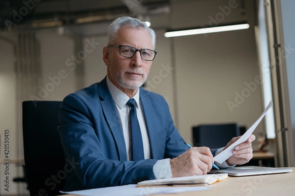 Fototapeta Handsome businessman holding paper documents working in modern office. Portrait of pensive senior manager wearing formal clothing looking at camera sitting at workplace. Successful business 