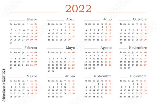 Obraz 2022 year Calendar in Spanish. Horizontal Vector editable template. Simple and clean design