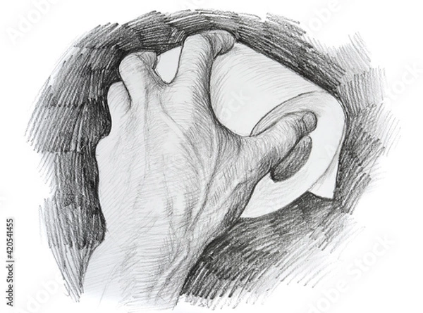 Obraz Pencil drawing of a hand with a roll of toilet paper