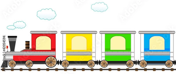 Fototapeta cartoon isolated cute train with colorful carriage in railroad