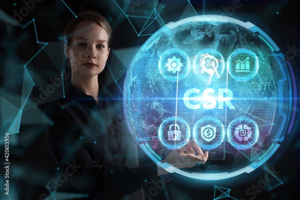 Fototapeta Business, technology, internet and network concept. Young businessman thinks over the steps for successful growth: CSR
