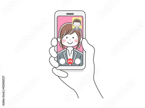 Fototapeta スマートフォンでビデオ通話をするビジネスウーマンのイラスト