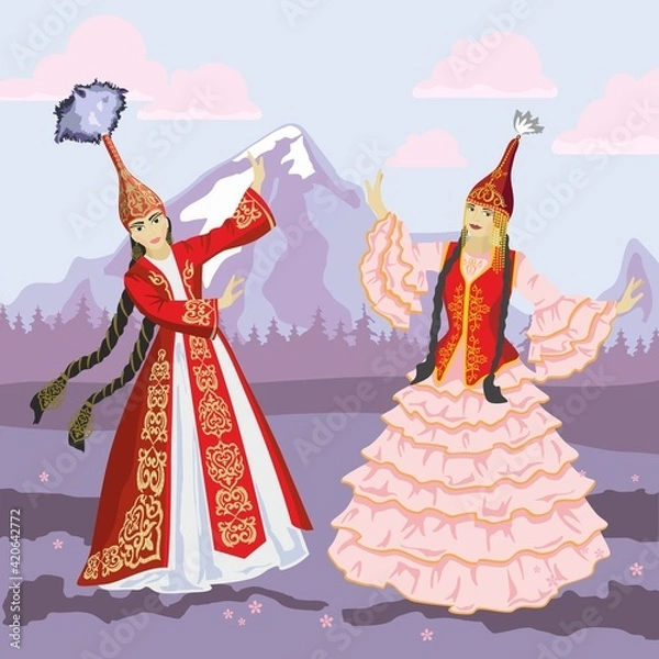 Fototapeta Vector image of two dancing girls in Kazakh national costume with ornaments on the background of a mountain landscape