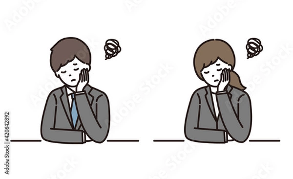 Fototapeta 頬杖をついて悩むスーツ姿の若い男性と女性