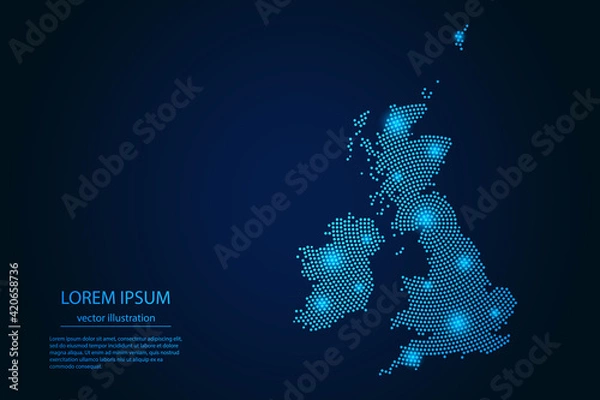 Obraz Abstract image United Kingdom map from point blue and glowing stars on a dark background. vector illustration. Vector eps 10.