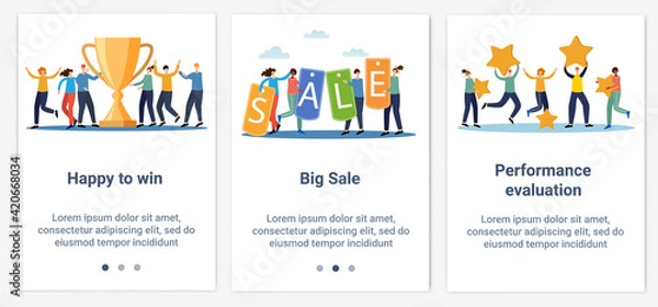 Obraz Modern flat illustrations in the form of a slider for web design. A set of UI and UX interfaces for the user interface.The theme is Achievement evaluation and a big sale.