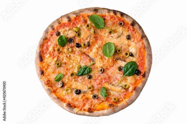 Fototapeta Pizza on white background isolated above view. Delicious homemade pizza top view.