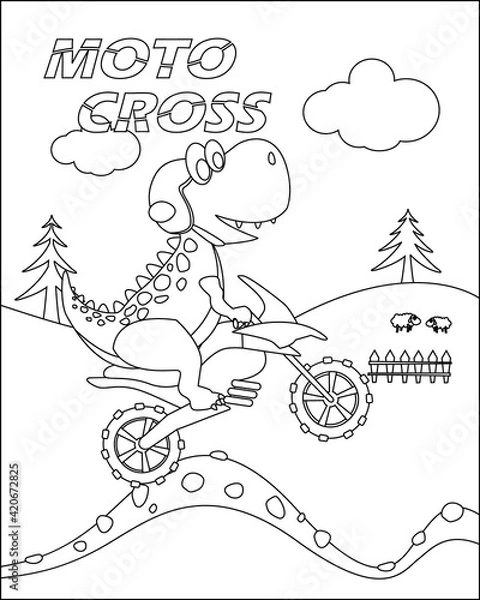 Obraz Vector illustration of a funny dinosaur on a motocross bike, Dinosaurs cartoon characters, Creative vector Childish design for kids activity colouring book or page.