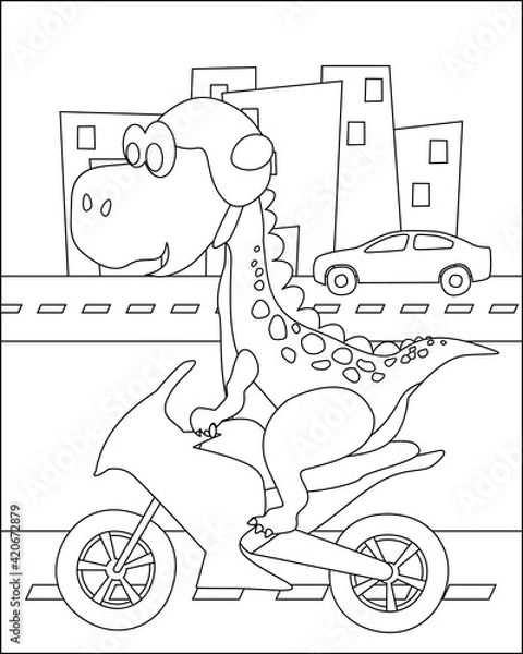 Obraz Dinosaurs cartoon characters riding transport, vector illustration. Dino town with childish animals street traffic, Creative vector Childish design for kids activity colouring book or page.