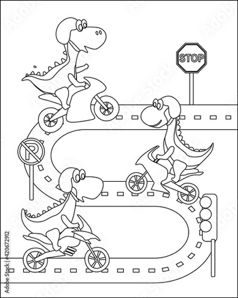 Obraz Dinosaurs cartoon characters riding transport, vector illustration. Dino town with childish animals street traffic, Creative vector Childish design for kids activity colouring book or page.