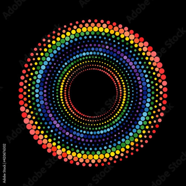 Obraz Rainbow colors halftone dotted circle.  Magic colorful spiral with black background.
