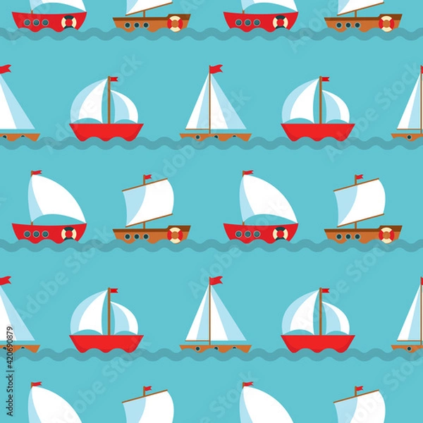 Fototapeta Seamless Pattern Background with Children's Cute ship. Vector Illustration