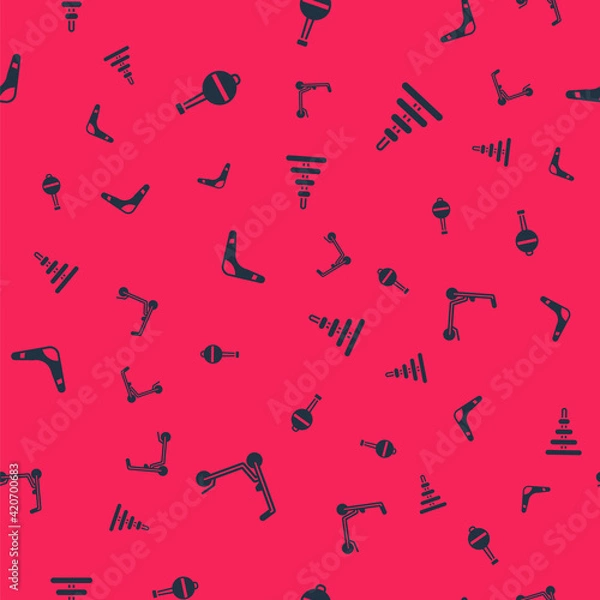 Fototapeta Set Scooter, Rattle baby toy, Boomerang and Pyramid on seamless pattern. Vector