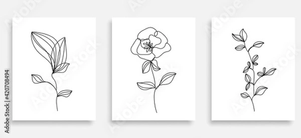 Fototapeta Vector Set of Hand Drawn Line Art Botanical Elements, Leaves, Flowers. Minimalist Trendy Contemporary Design Perfect for Wall Art, Prints, Social Media, Posters, Invitations, Branding Design.