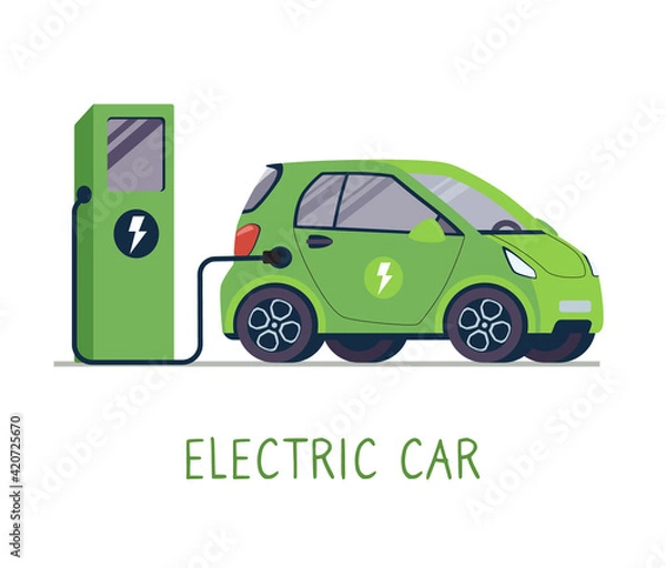 Obraz The electric vehicle charges the battery using a charging station. Clean alternative energy friendly to the environment. Vector illustration in a flat style on a white background