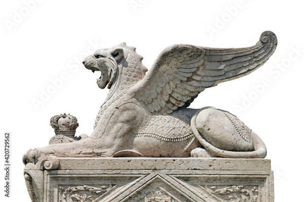 Obraz big old beautiful white stone marble statuary of big griffin or lion with wings in geneva isolated on white background