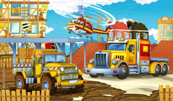 Fototapeta cartoon scene construction site cars and helicopter