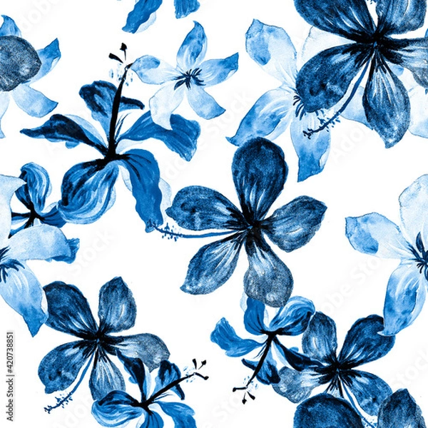 Obraz Navy Tropical Exotic. Blue Seamless Botanical. Cobalt Pattern Illustration. White Flower Foliage. Gray Spring Exotic. Azure Flora Plant. Indigo Decoration Texture.
