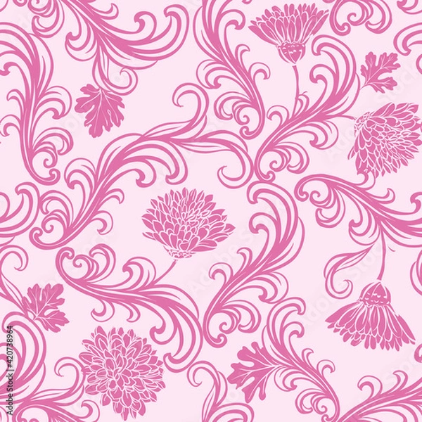 Fototapeta Chrysanthemums seamless pattern in rococo style