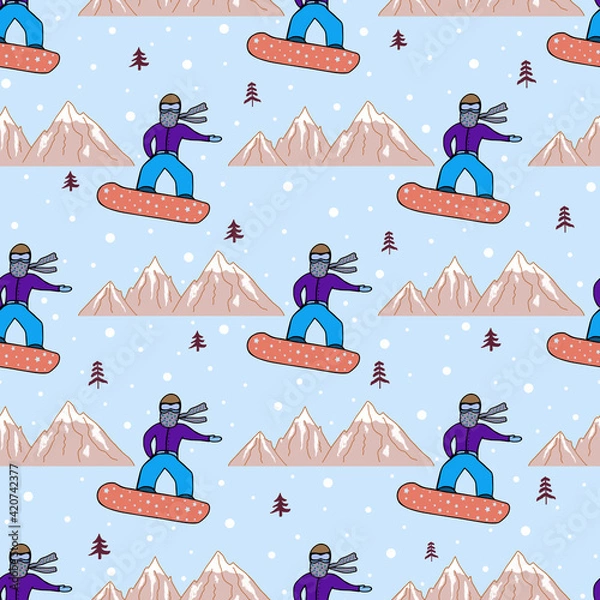 Fototapeta Seamless background with a snowboarder in a cartoon style. Funny bright print for kids, sportswear, packaging paper