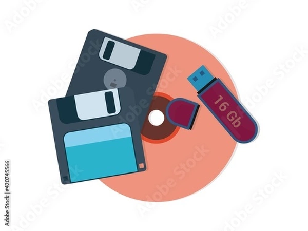 Fototapeta Old information carriers. USB flash drive, floppy disk and CD