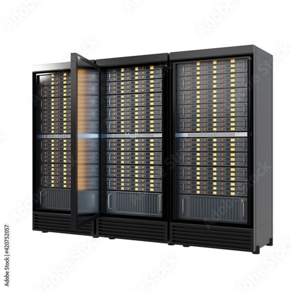 Fototapeta Three hosting server rack containers with opening isolated on white background. Clipping path image.3D render illustration image.