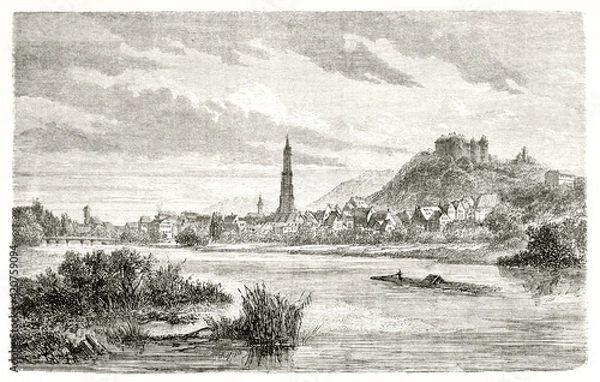 Obraz landscape from flat water of Isar river of Landshut, Germany. Little town surrounded bu hills and nature. Ancient grey tone etching style art by Lancelot and Laly, Le Tour du Monde, 1862