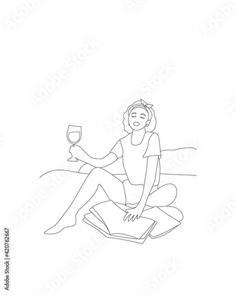 Fototapeta Sketch portrait of a young woman sitting on the bed using facial mask drinking wine and reading fashion magazines, line art