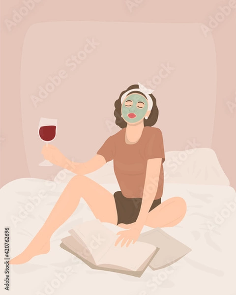 Fototapeta Hand drawn vector portrait of a young woman sitting on the bed using facial mask drinking wine and reading fashion magazines