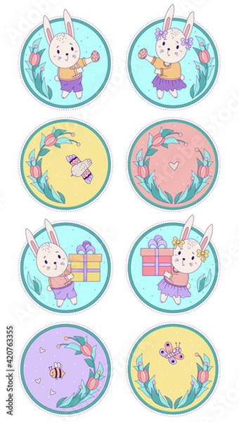 Obraz Set of cute animals and insects. Rabbits - boy and girl with Easter eggs and gifts, butterfly and bird on a round floral background. Vector illustration. Happy Easter and Happy Birthday greeting card
