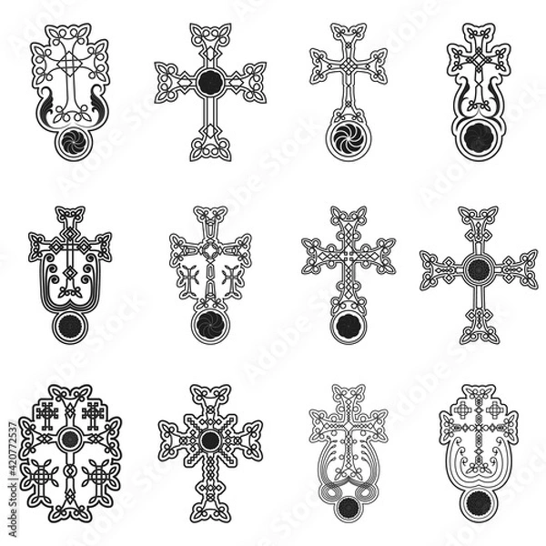 Fototapeta vector icon set with ancient Armenian symbol Khachkar. Armenian cross stone for your project