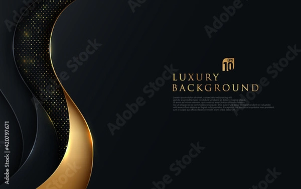 Fototapeta Abstract wavy overlapping on black background with glitter and golden lines glowing dots golden combinations. Luxury and elegant design. Vector illustration