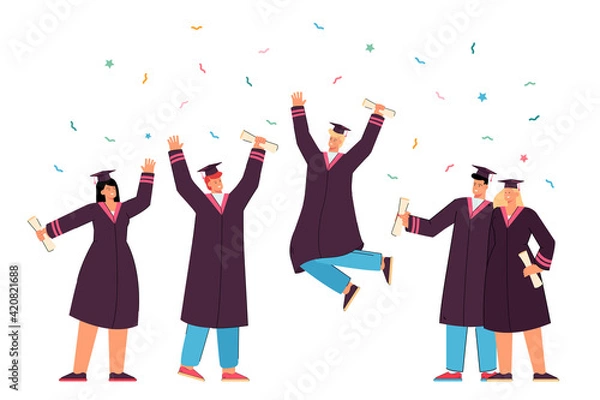 Fototapeta Happy graduated students in gowns holding academic diplomas flat vector illustration. Cartoon young characters getting degree certificates. Graduation and university education concept