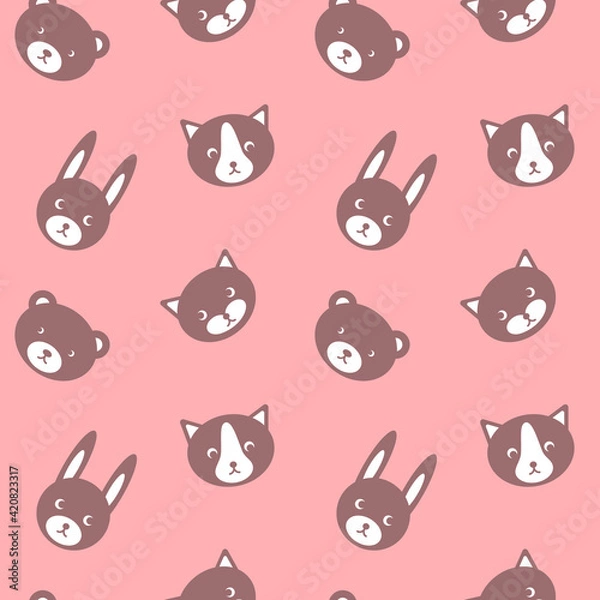 Fototapeta Simple girlish print with cute animals. Childish seamless pattern on pink background. Vector illustration.