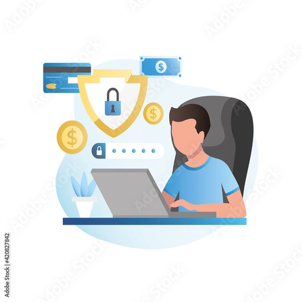 Obraz Protecting data on computer on Internet. Man at his workplace set login, password to enter bank's website with information on credit cards, accounts, e-wallets. Computer with shield, lock.