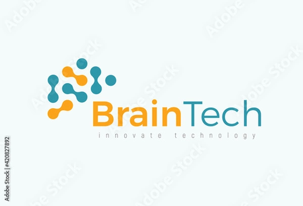 Fototapeta Brain tech logo concept for futuristic science and medical innovate technology. Computer chip icon for digital neural network, dataset, artificial intelligence. Vector logotype