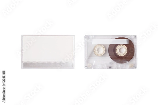 Fototapeta Transparent Cassette tape with Cassette tape case isolated on white background.