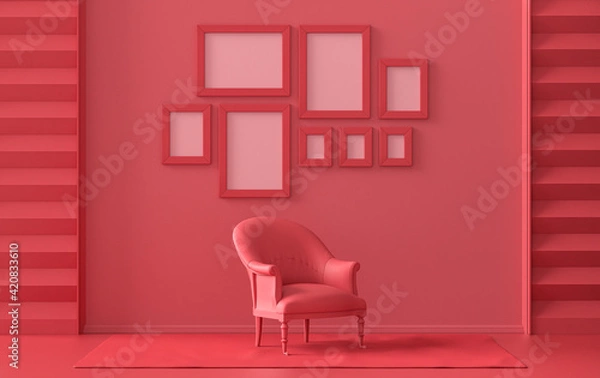 Fototapeta Modern interior flat dark red, maroon color room with single chair, without plant, gallery wall template with eight frames on the wall for poster presentation, 3d Rendering