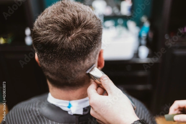 Obraz Male haircut process, back view of client's head while the hairdresser cuts hair