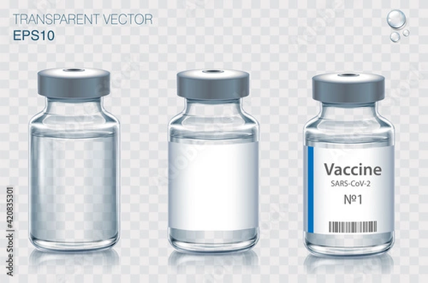 Fototapeta Collection of medical vaccine bottles.  Transparent vector ampoule on light background
