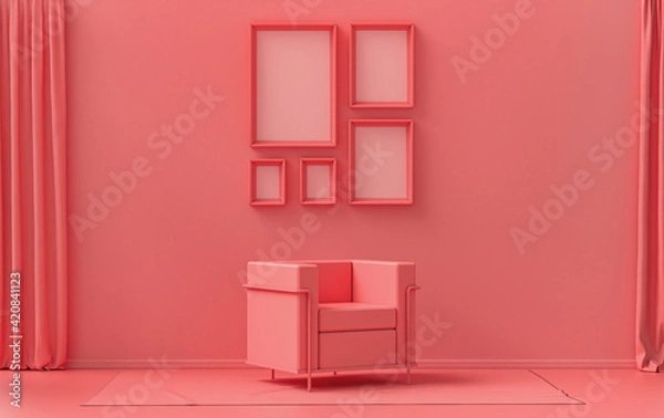 Fototapeta Flat color interior room for poster showcase with 5 frames  on the wall, monochrome light pink, pinkish orange color gallery wall with single chair, without plant. 3D rendering