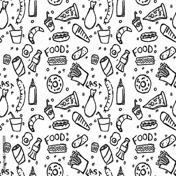 Fototapeta seamless pattern with food icons on white background. doodle food vector illustration.