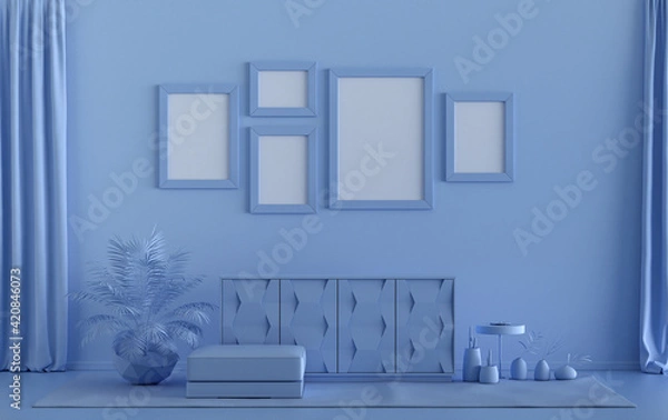 Fototapeta Single color monochrome light blue color interior room with furnitures and plants,  5 poster frames on the wall, 3D rendering